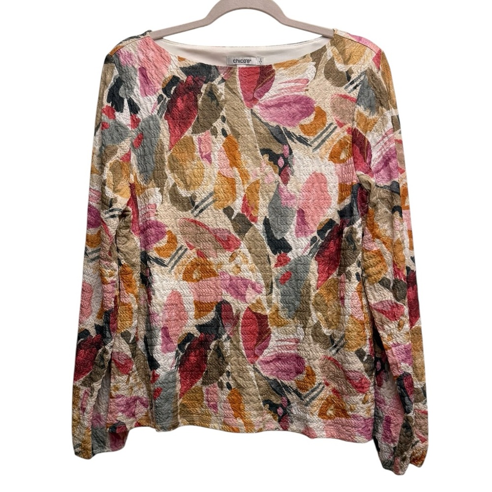 Chico's Long Sleeve Textured Blouse Floral Multicolor Large